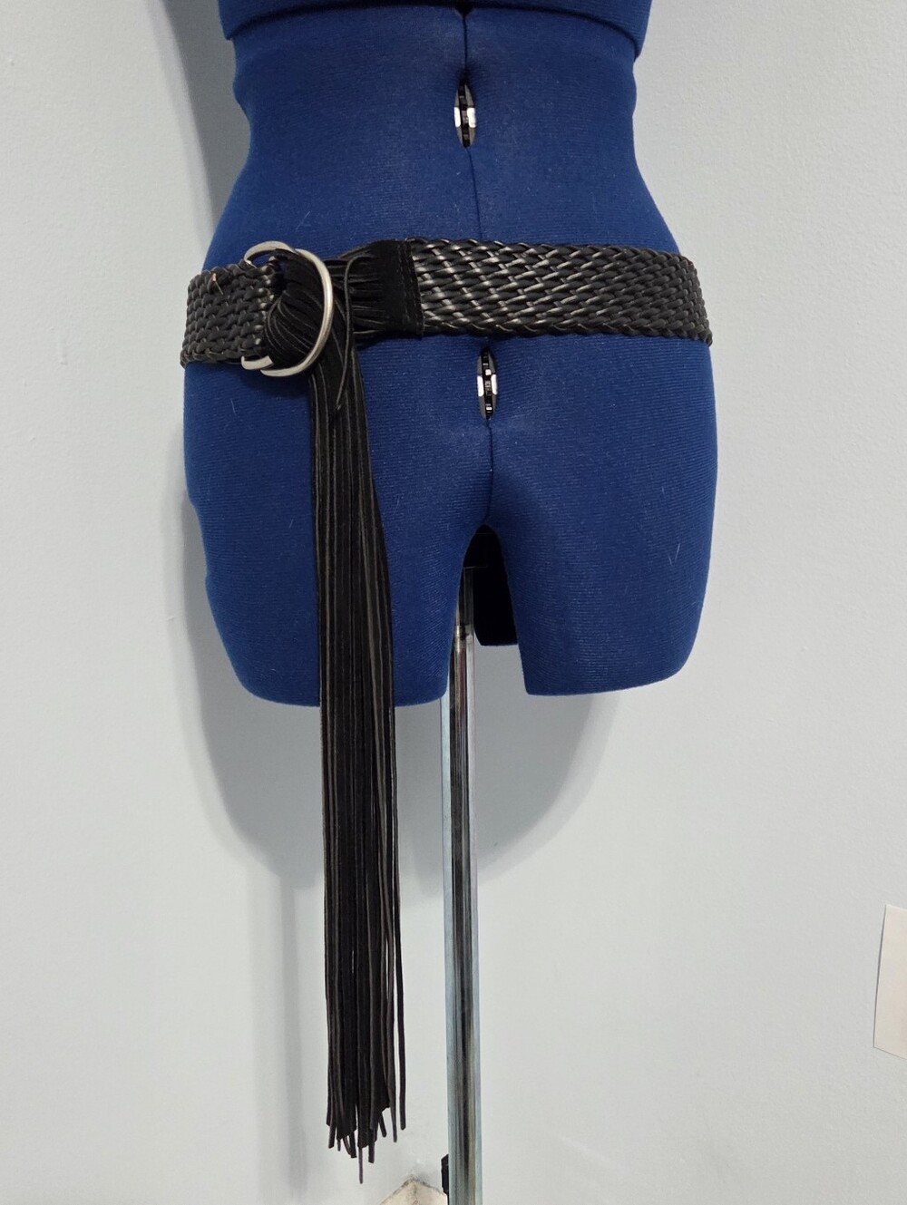 Black Leather Braided Fringe Belt One Size